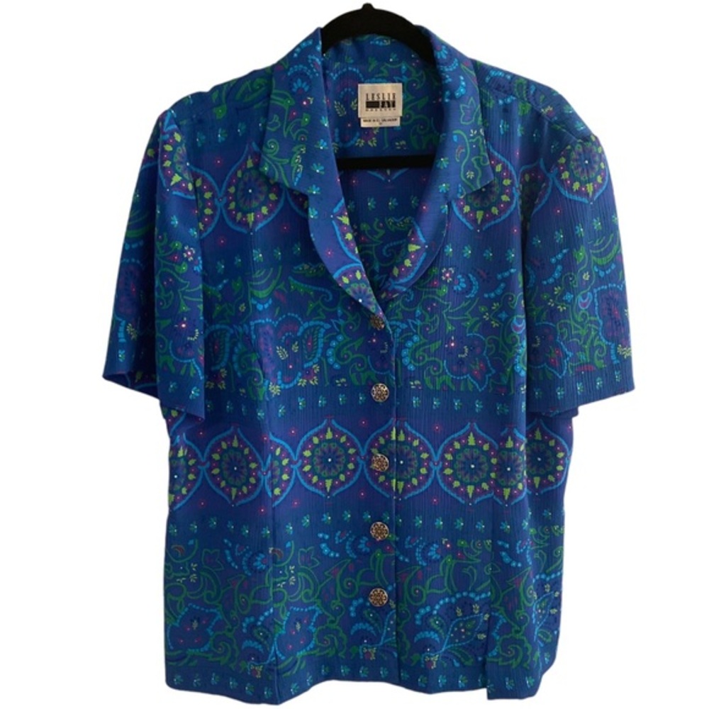 Leslie Fay Vintage 1980's Floral Blue Blouse Size 18